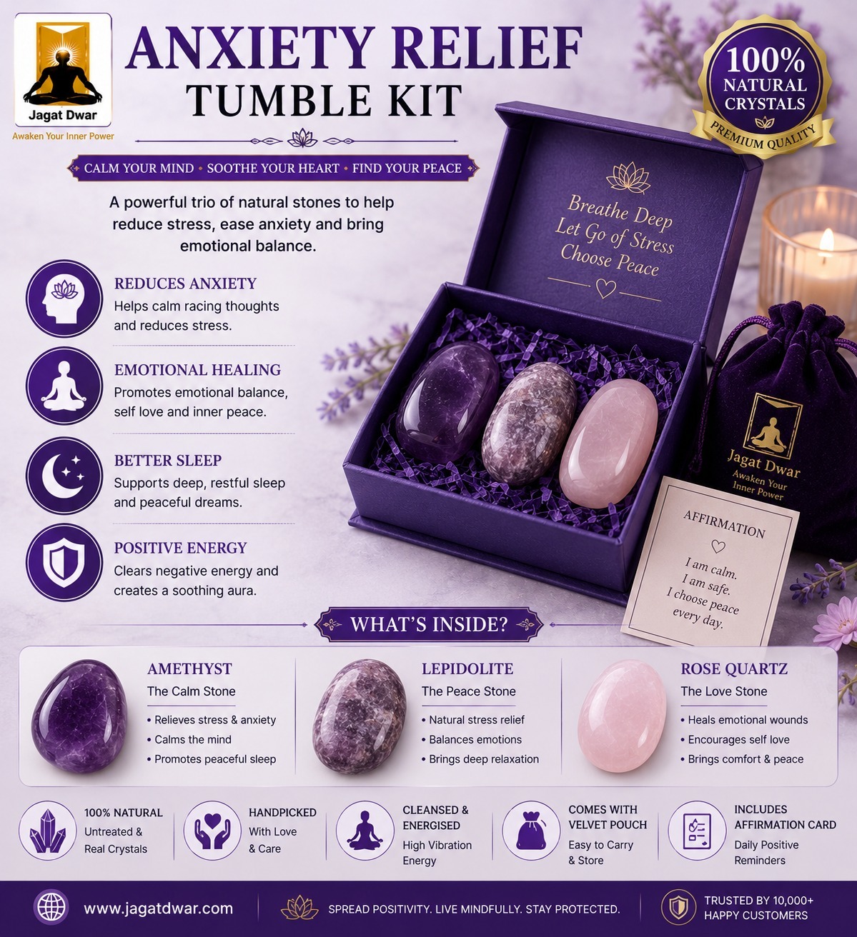 Jagat Dwar Anxiety Relief Tumble Kit – Natural Healing Crystal Set for Calmness, Emotional Balance & Stress Relief