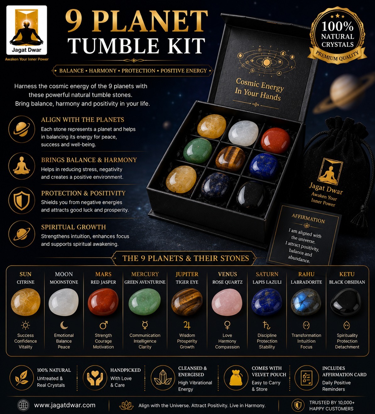 Jagat Dwar 9 Planet Tumble Kit – Natural Crystal Healing Stones Set for Balance, Harmony & Positive Energy